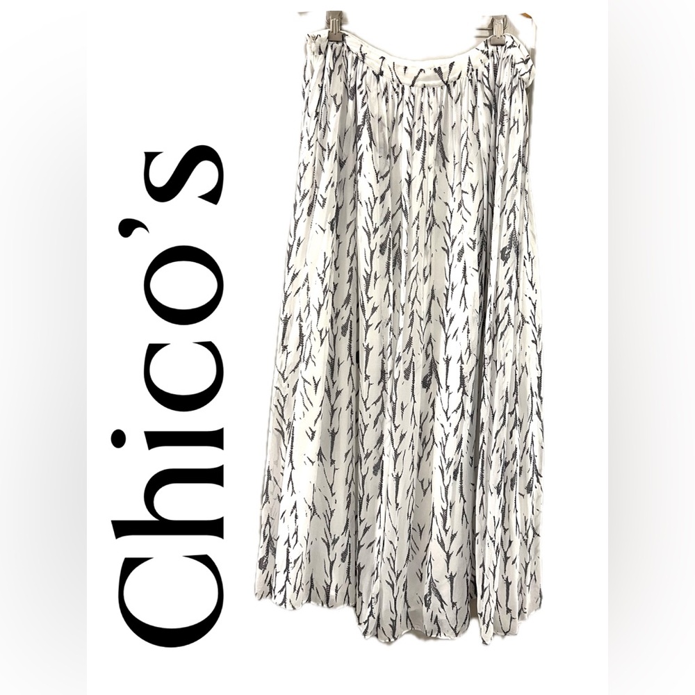 Chicos  White Chiffon Maxi Skirt with Black Botanical Print Size 2.5
Like New